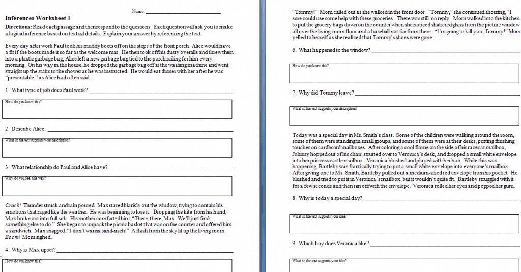 Inference Questions Worksheets