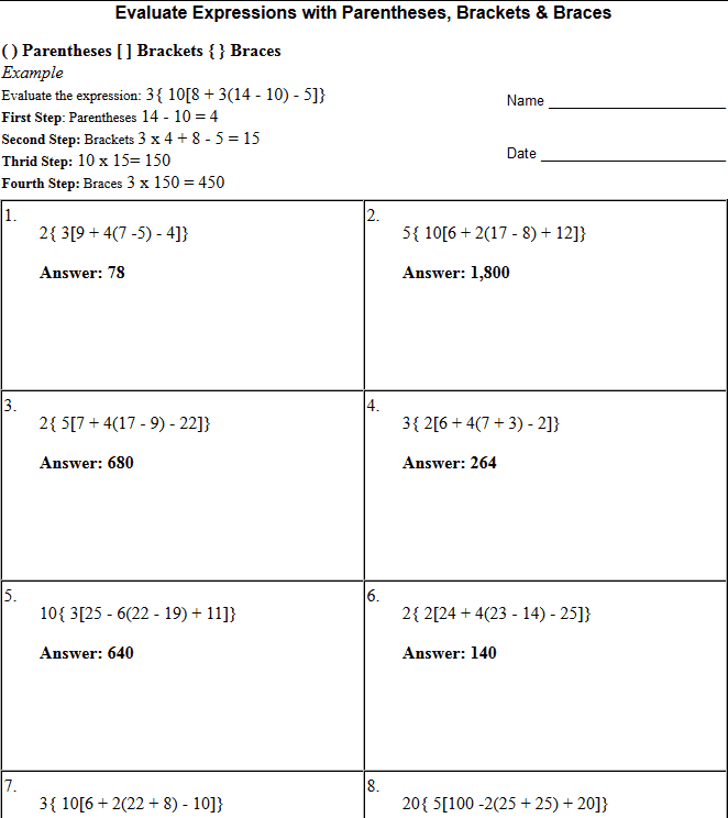 Parentheses, Brackets, and Braces in Math Expressions (Easier Version