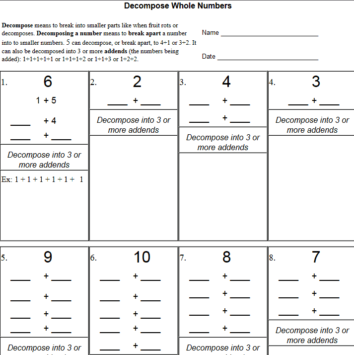 Compose And Decompose Numbers Worksheets