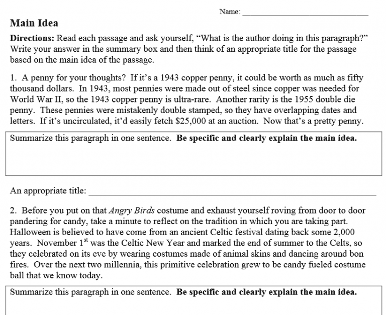 Main Idea Worksheets (nonfiction): Grades 5-12 - The Teachers' Cafe